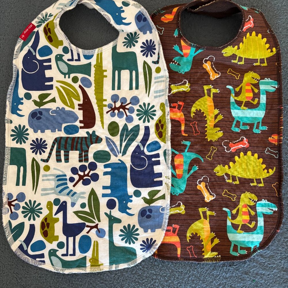 Baby Bibs 2-Pack – Zoo Animal & Dinosaur Prints – New / Large Size